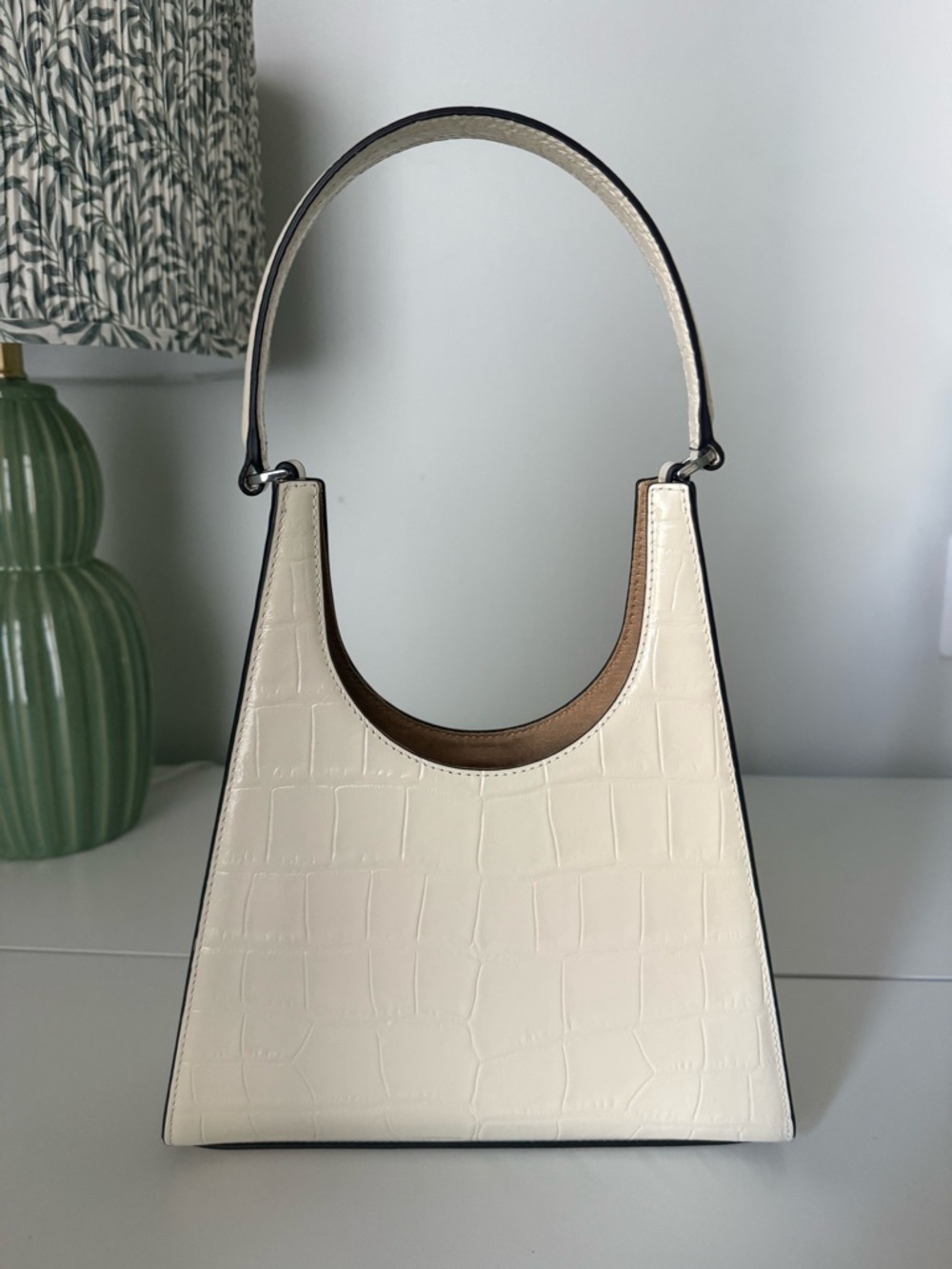 STAUD Cream Croc-Embossed Top-Handle Shoulder Bag